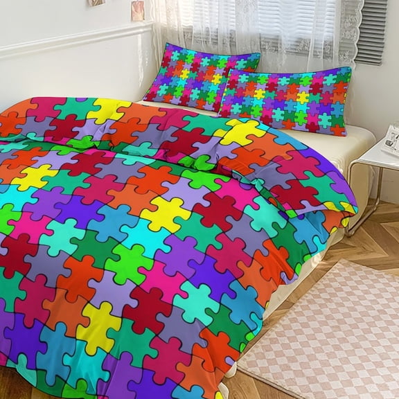 3 Pcs Soft Bedding Set, Includes 1 Duvet Cover with Zipper And 2 Pillow Shams,Colorful Puzzle Piece Twin(86"x70")