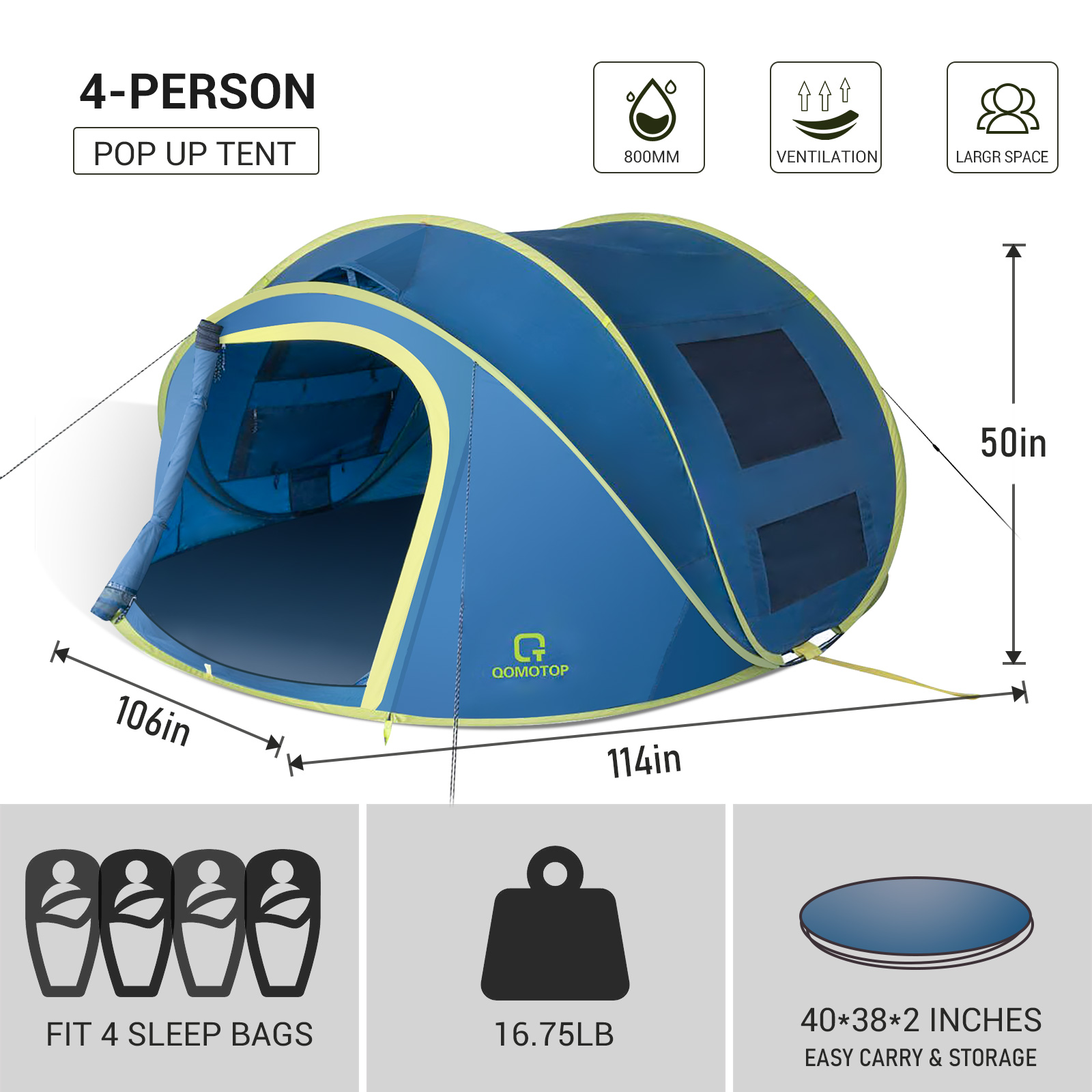 QOMOTOP Instant Tent 4-Person Camp Tent, Automatic Setup Pop Up Tent, Waterproof, Huge Side Screen Windows, Blue - image 5 of 8
