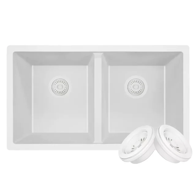 Tarja Para Cocina De Granito Cuarzo Blanco 2 Tinas Gilfer Gilfer Premium, De submontar, fácil instalación