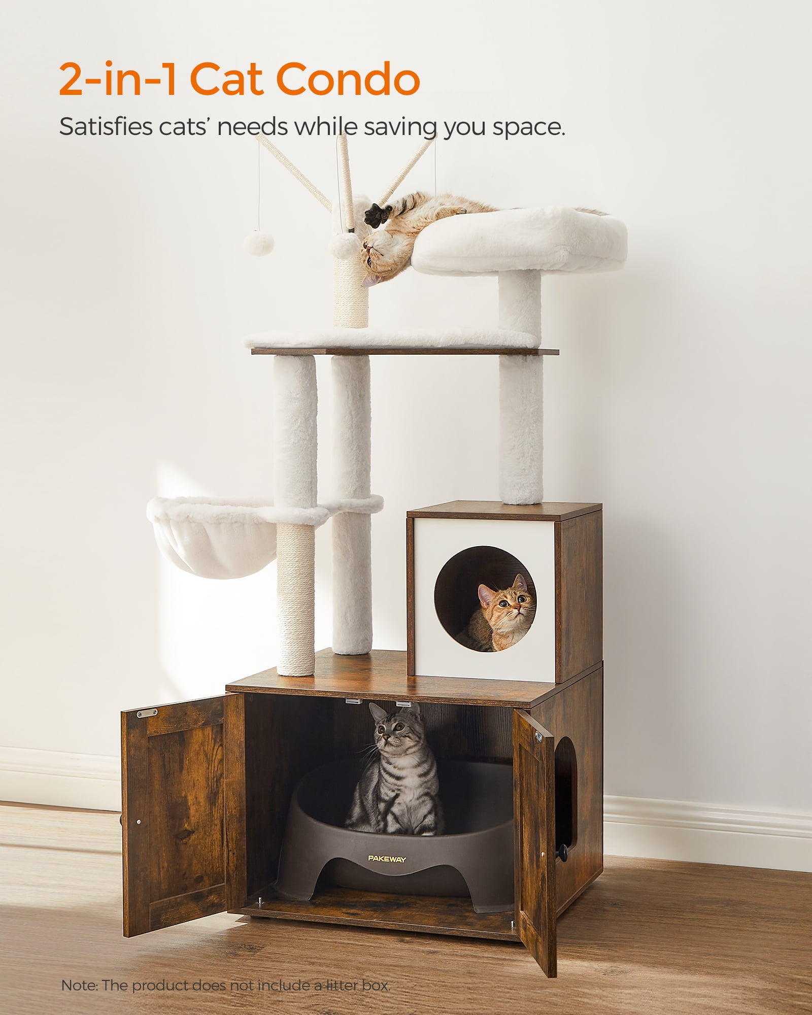 WoodyWonders 2-in-1 Cat Tree with Litter Box Enclosure - Modern Cat Condo with Scratching Posts, Rustic Brown