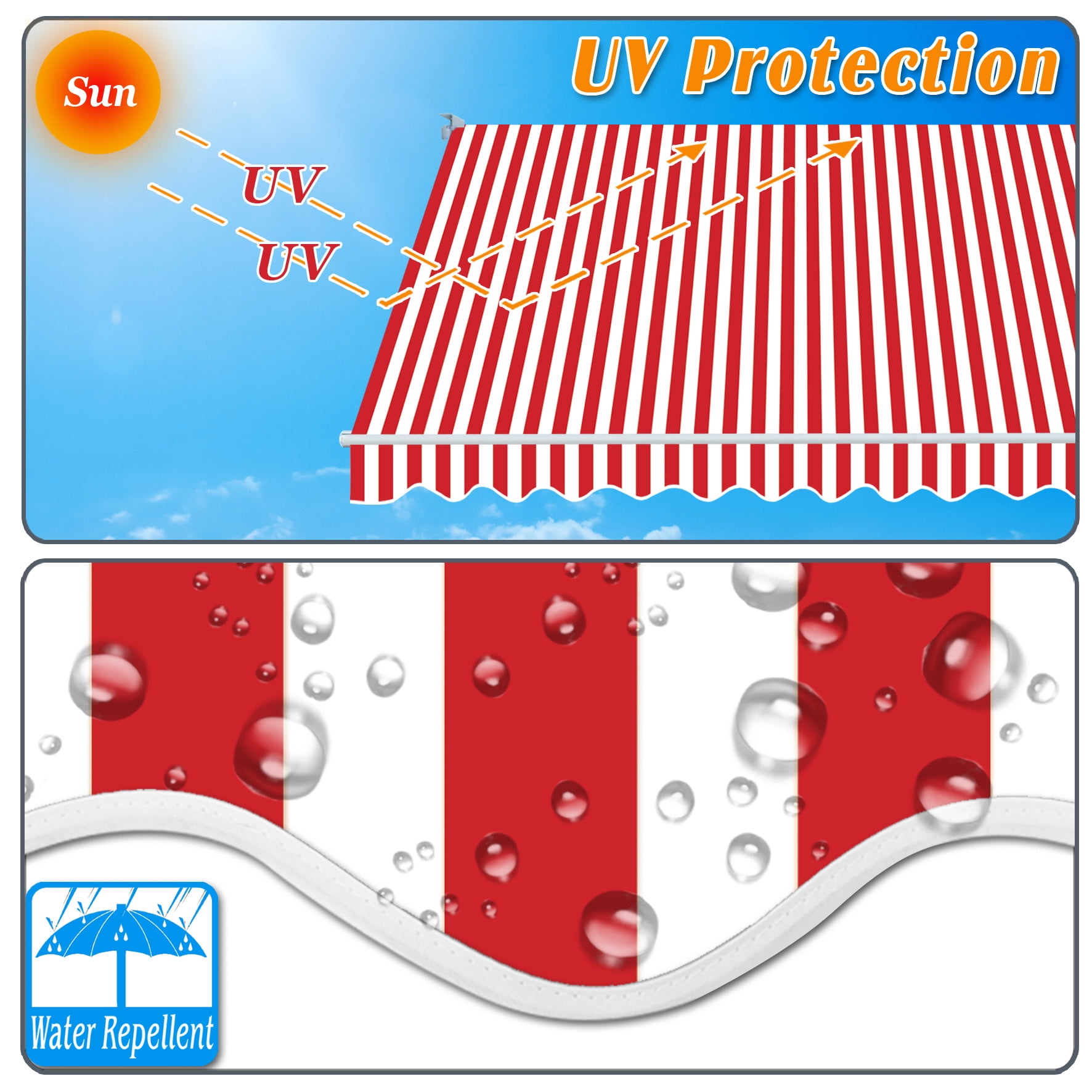 Sunny 12' x 8' Manual Retractable Patio Deck Awning Cover Canopy Sunshade (Red and White)