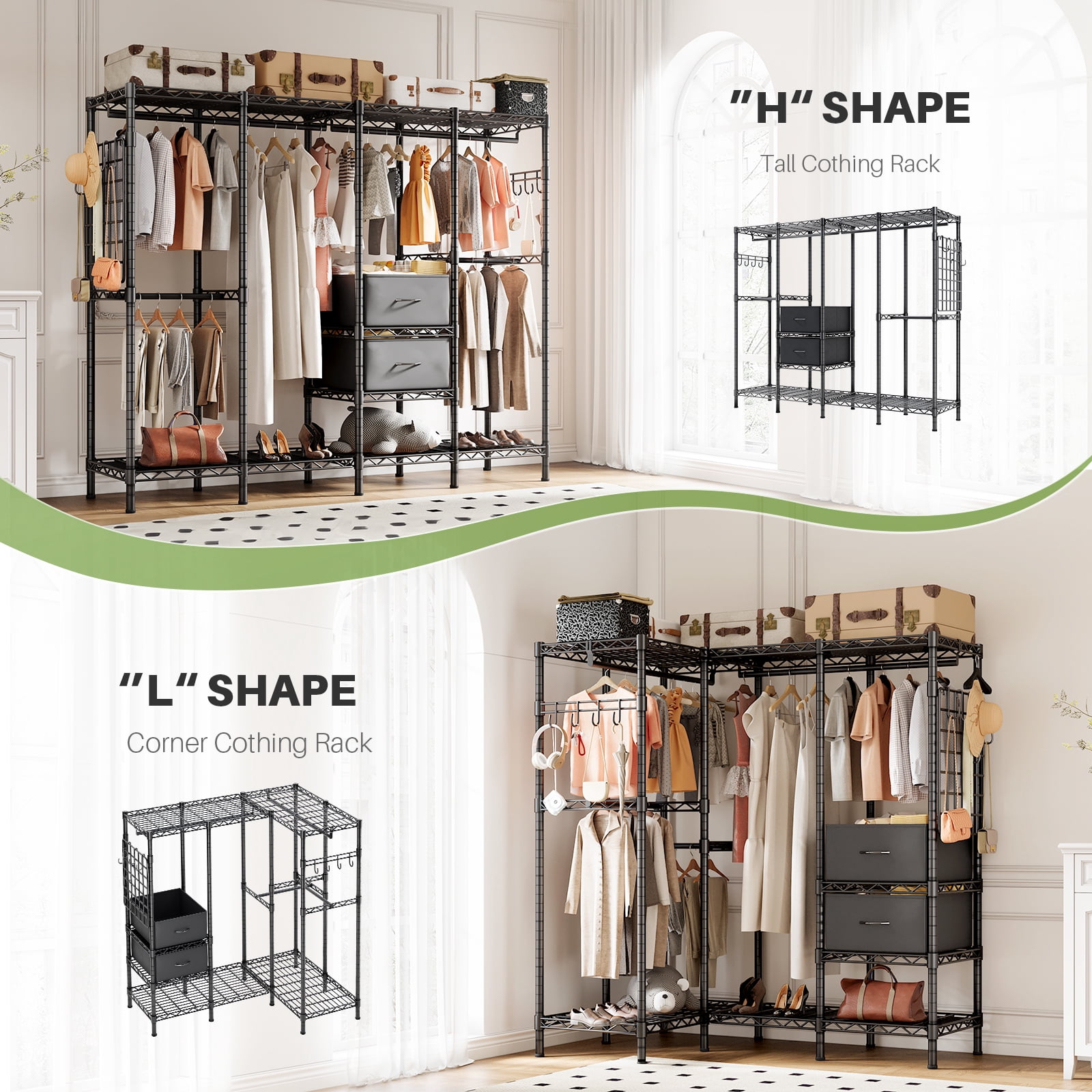 HOKEEPER 1350LBS 76" L x 17" W x 76" H Portable Closet Wardrobe Heavy Duty Clothes Rack, Freestanding Clothing Rack with 6 Hang Rods, 10 Shelves & 2 Drawers , Adjustable Closet Garment Rack, Black
