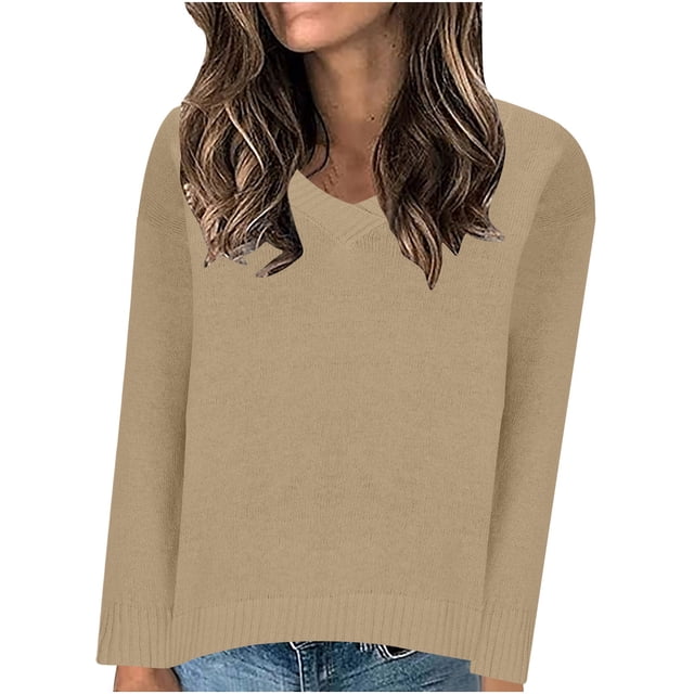 Timegard Tops for Women V Neck Long Sleeve Sweaters Pullover Solid Color Fall Casual Loose Comfy Tops