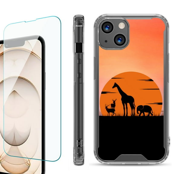 Shockproof Bumper Phone Case for iPhone 13, with Tempered Glass Screen Protector, by OneToughShield ® - Sunset Safari