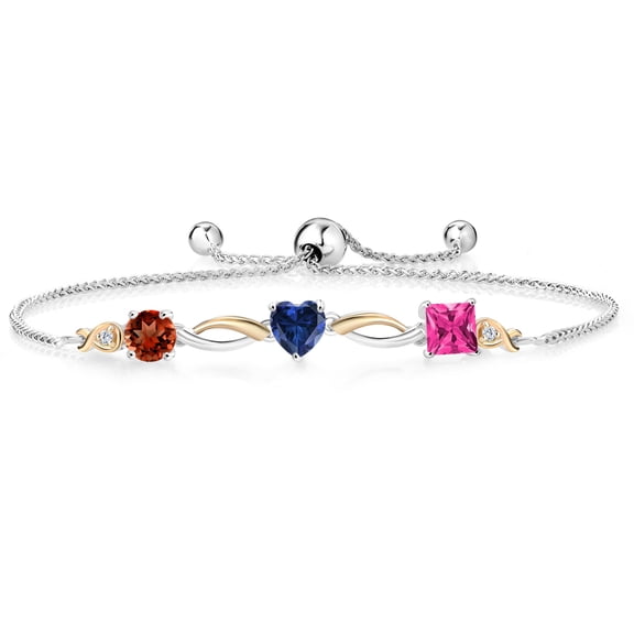 Gem Stone King 925 Silver and 10K Yellow Gold Red Garnet Blue Created Sapphire Pink Mystic Topaz and Lab Grown Diamond Tennis Bracelet for Women By Keren Hanan (2.60 cttw, Adjustable up To 9 inch)