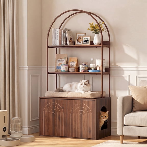 Wirrytor Walnut Cat Litter Box Enclosure With 2-Tier Display Shelves, Hidden Litter Box Furniture With Cat Perch, Modern Arched Pet Cabinet For Home Decor