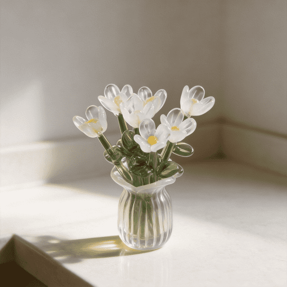 7PCS Glass Flower and Vase Decor Mini Glass Daisy Flower Mix Color Artificial Flower Bouquet with Small Vase for Women Mom Wedding Mother's Day Christmas Birthday Gift DIY Craft