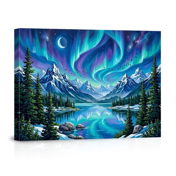Northern Lights Mountain Lake Aurora Borealis Nature For Home Bedroom Canvas