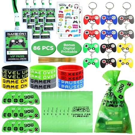 86 Pcs Video Game Party Favors for Kids, Gaming Party Favors - 12 set of VIP Pass Holder Keychain Wristband Treat Bags with Thank You Card Tags, Game On Themed Gamer Boys Birthday Goodie Bag Fillers