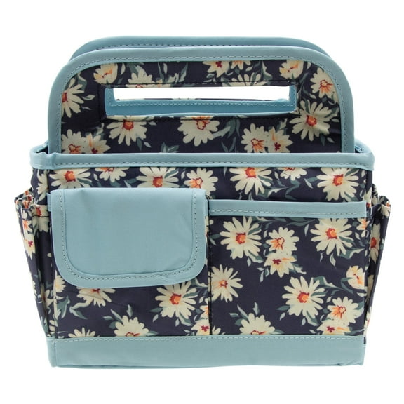 Multipurpose Fabric Tote Bag Storage Caddy with Multiple Pockets in Blue Daisy