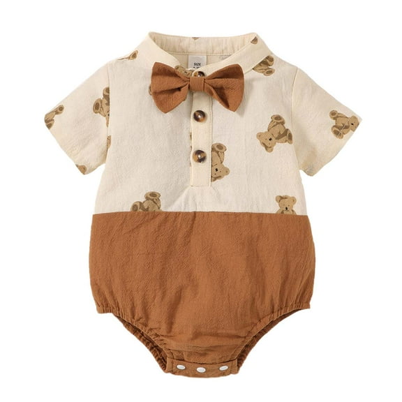 Kucnuzki Newborn Baby Boy Clothes 3 Months Summer Jumpsuit Bodysuit 6 Months Short Sleeve Bear Print Stand Up Collar Triangle Romper Bodysuit Brown