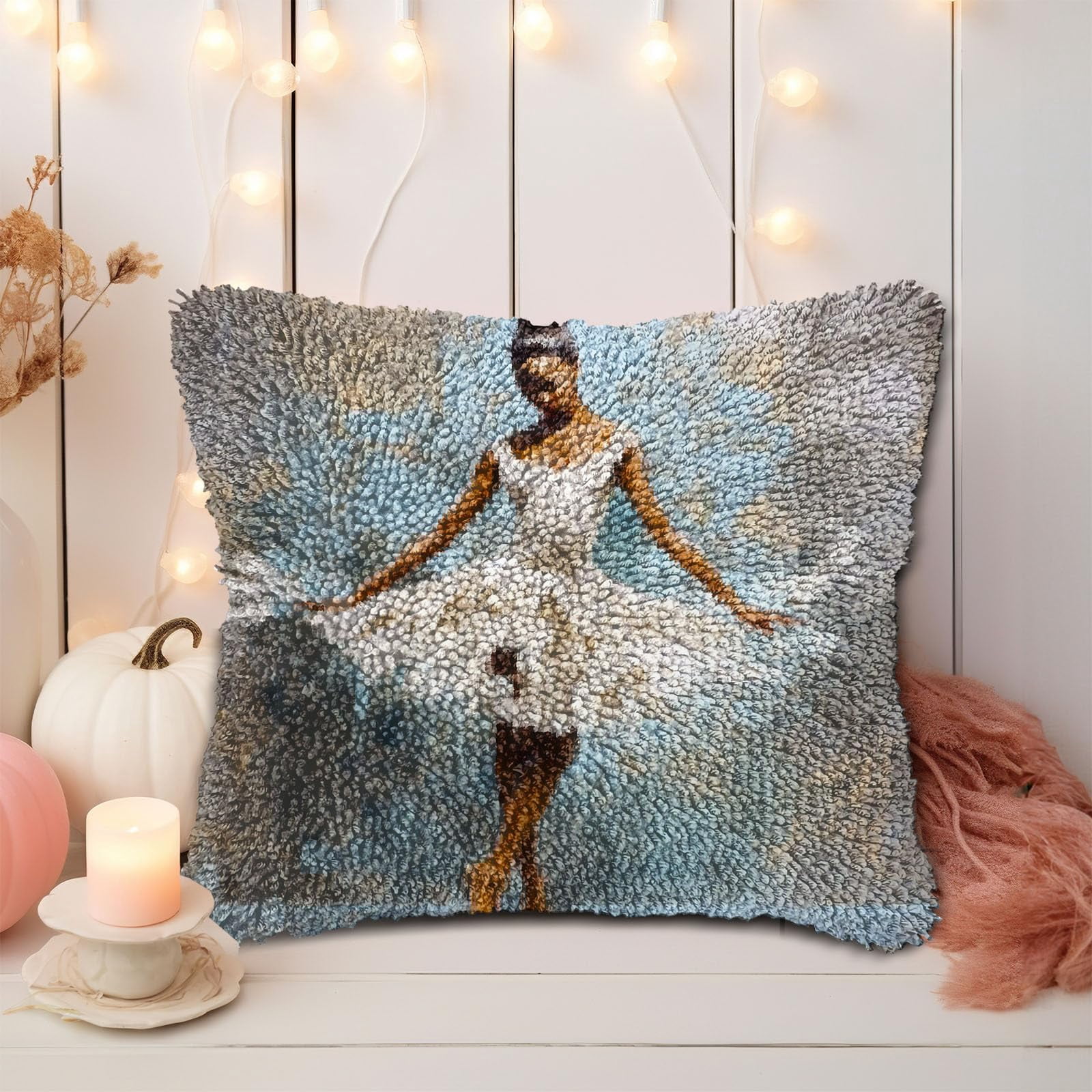 White Dress Ballerina Woman Dancing DIY Latch Hook Pillow Kits for Adults Printed Pillowcase Crochet Yarns Hooking Handmade Pillow Cover Cushion for Home Sofa Decoration 17x17inch(2)