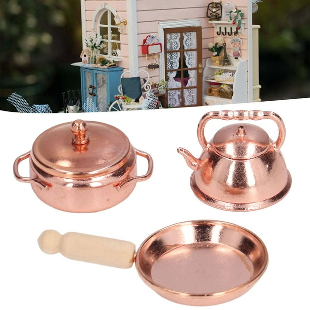 ESTINK 1/12 Doll House Kitchen Pot,3Pcs 1:12 Dollhouse Miniature Bronze Frying Pan Pot Kettle Kitchen Cooking Kit Kitchen Cookware Set,1/12 Doll House Accessory