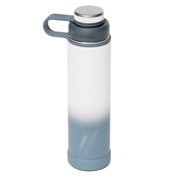 EcoVessel Boulder TriMax® Insulated Stainless Steel Water Bottle with Reflecta™ Insulated Dual Lid, Strainer and Silicone Bottle Bumper – 24 oz (Vapor Wave Ombre)