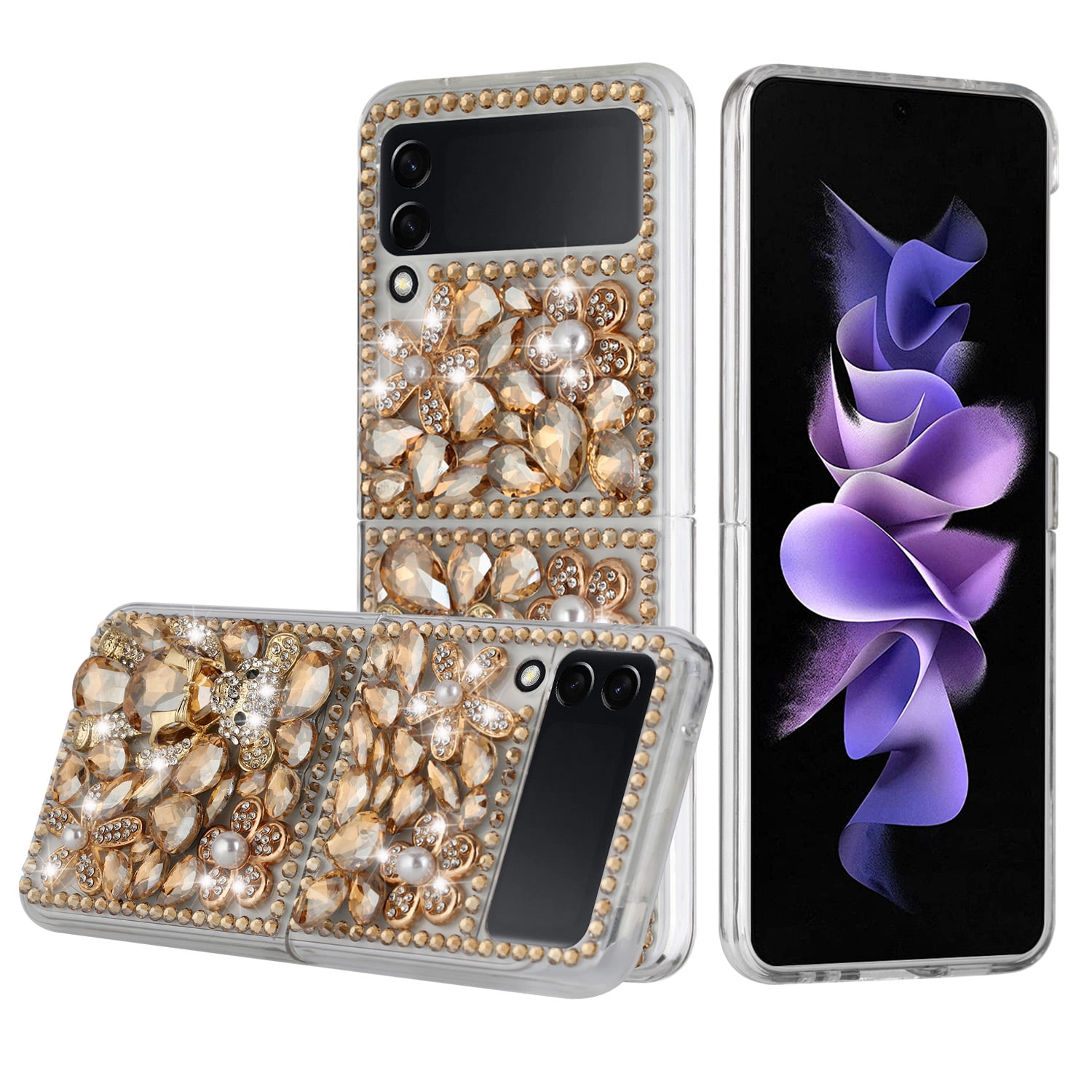 for Samsung Galaxy Z Flip 4 Case for Women Girls with Strap,Galaxy Flip 4  Case Luxury Bling Diamond Crystal Rhinestone Design,3D Cute Glitter Clear