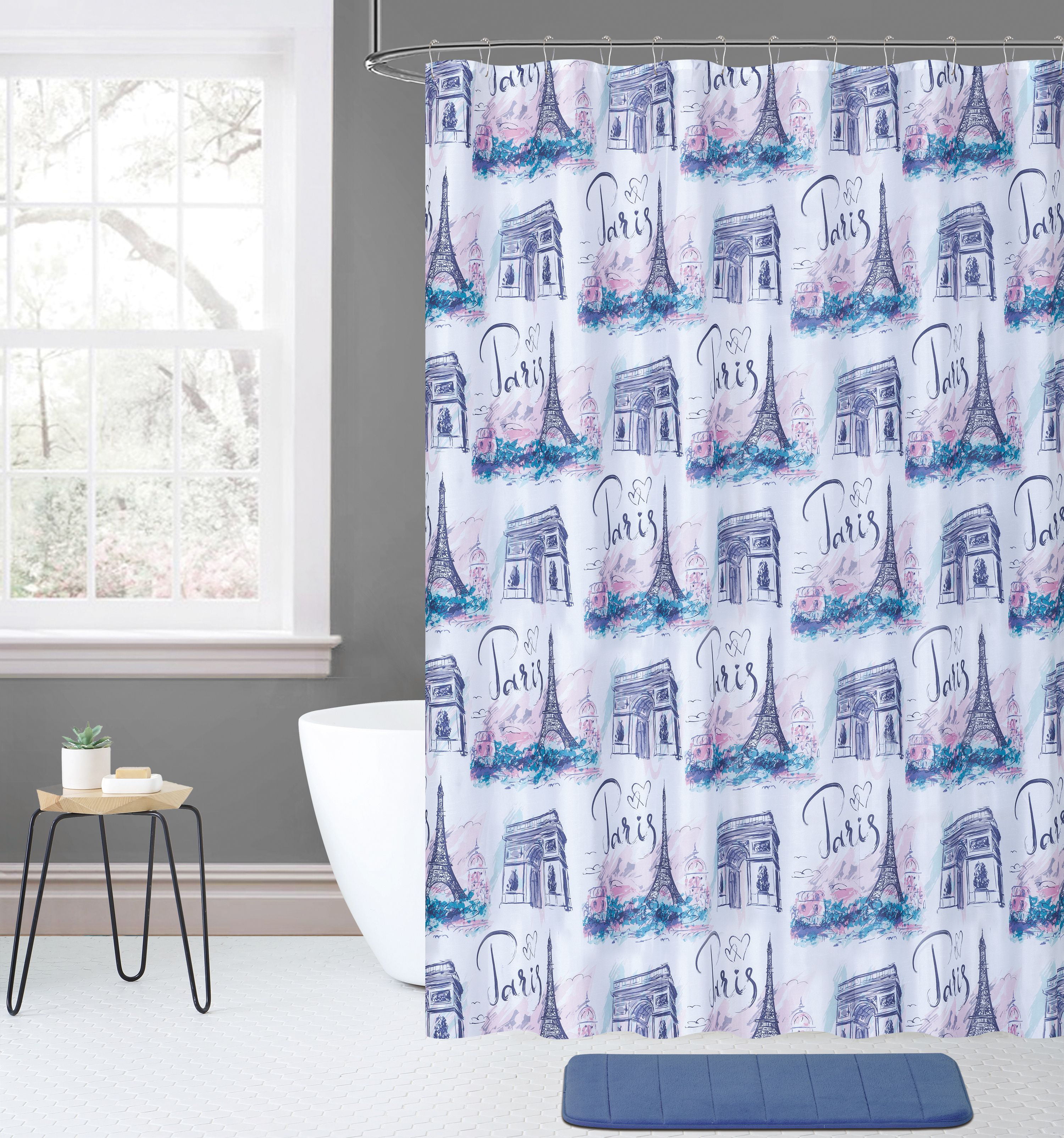 12 Fabric Rings Liner Set 14-Pc Palm Tree Bathroom Fabric Shower Curtain 