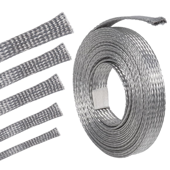 Tinned Copper Braid Metal Cable Shielding Sleeve Ground Straps Interference Wire Sheathing Flat Mesh (5/16 in Wide(0.20 in Dia)-28ft)