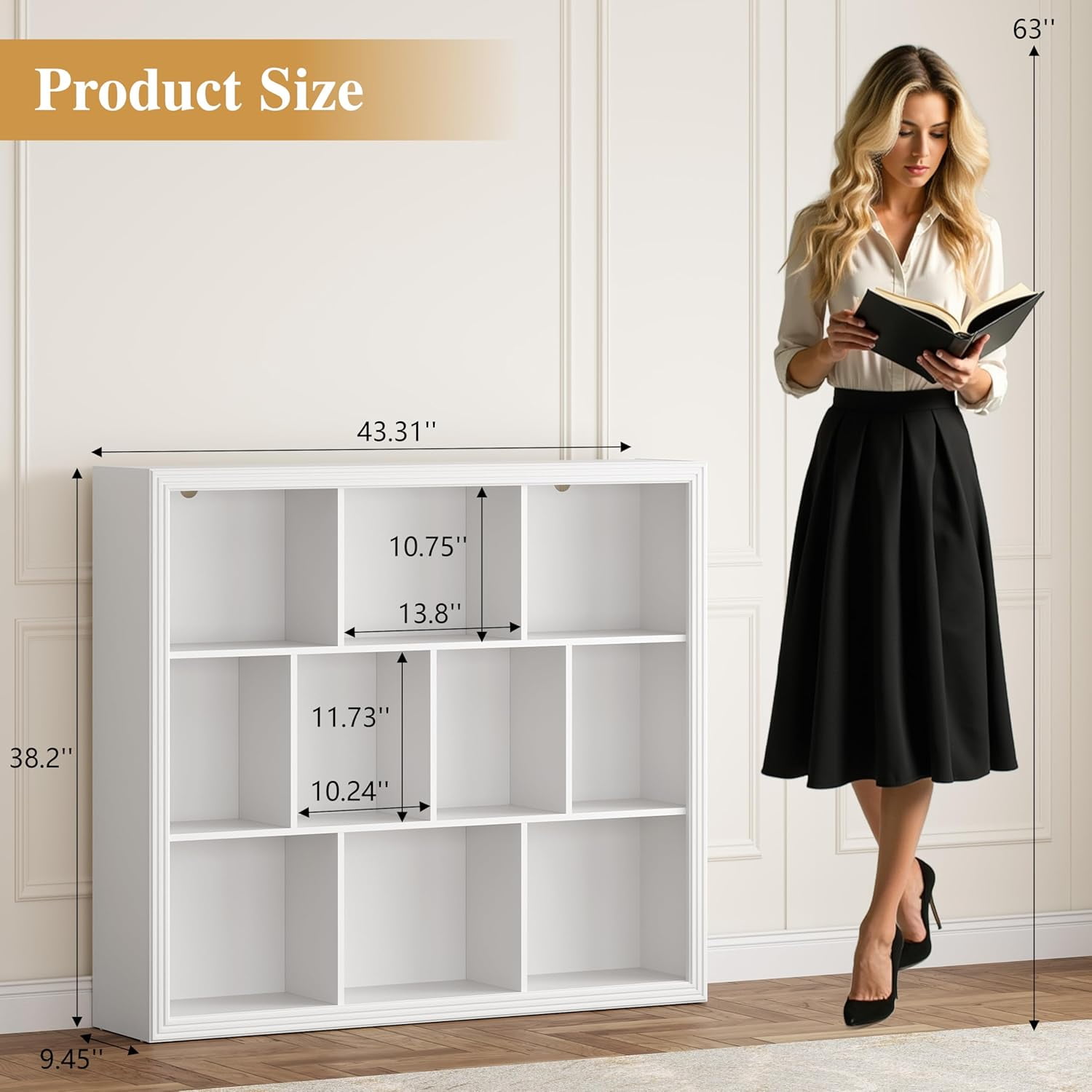 PUFFCAFE Book Shelf with 10-Cube,3 Tier Open Book Cases,Floor Standing 38" Tall bookshelf,Wooden Display Shelves,White Bookcase