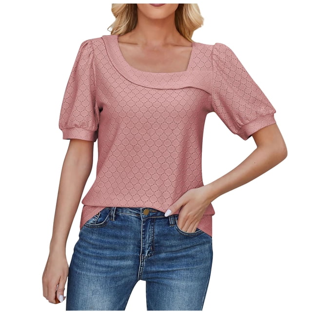 FAIWAD Hauts à Manches Courtes pour Femmes, Vêtements d'Été à Manches Bouffantes, Col Carré, Blouses Décontractées