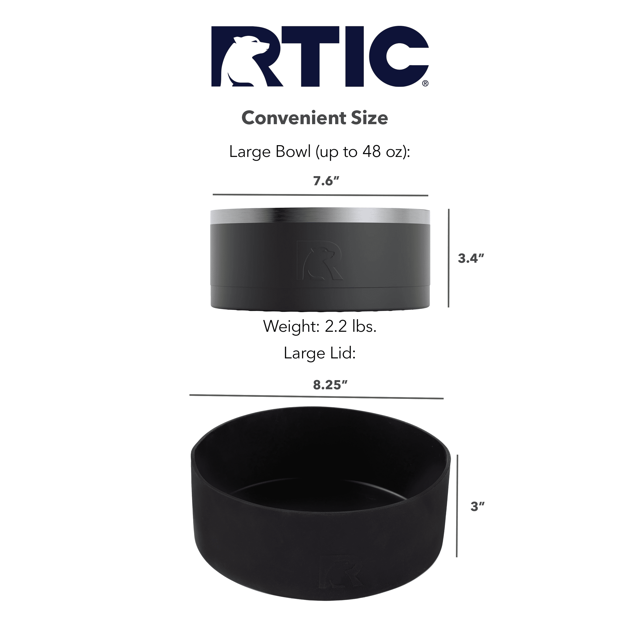 RTIC 3-in-1 Dog Bowl, Large, Stainless Steel Insulated Bowl, Silicone Lid, Black & Black