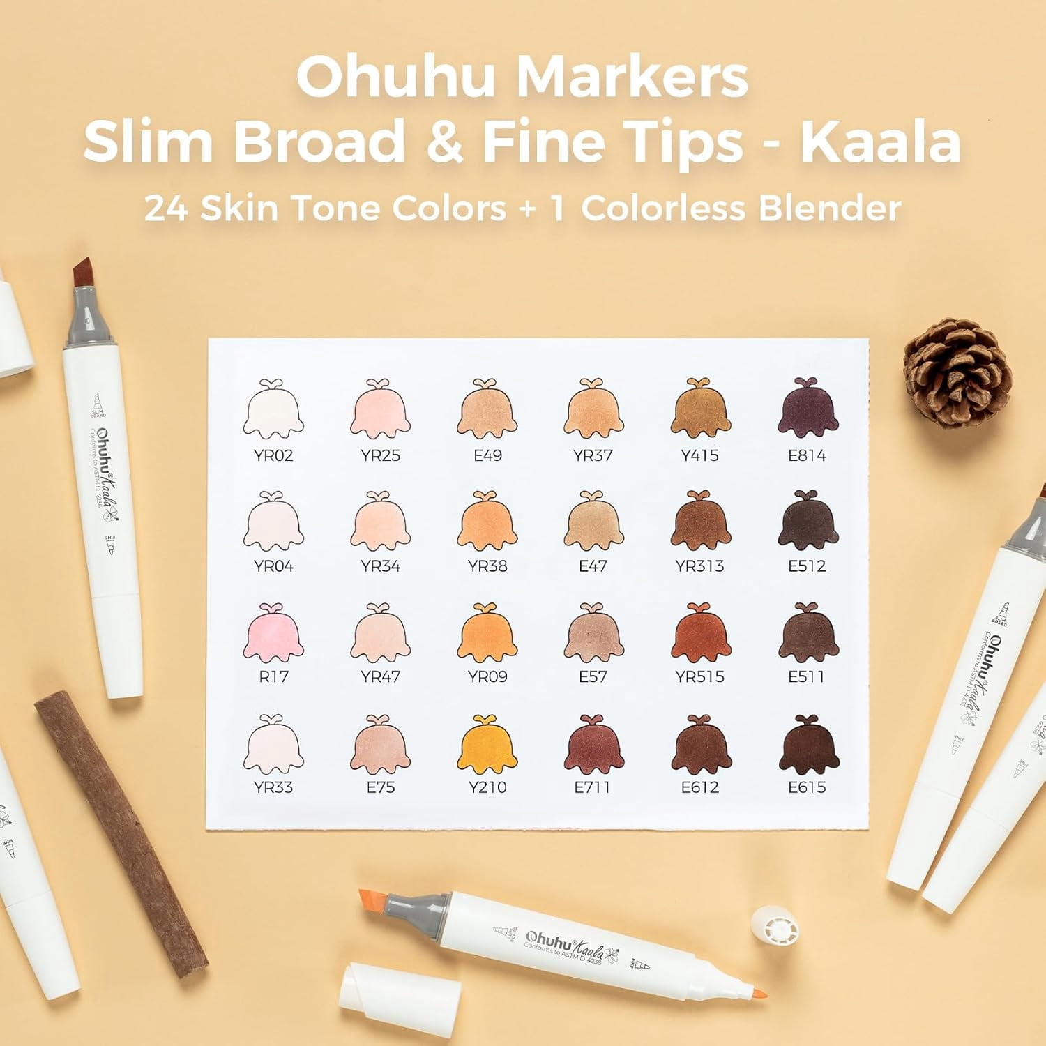 Alcohol Markers Skin Tone Marker Slim Broad and Fine Double Tipped Alcohol-based Marker Set for Artists Adults Coloring Professional Illustration, 24 Portrait Colors Kaala Markers Refillable
