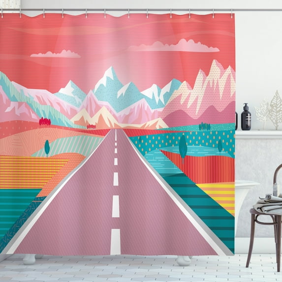Graphic Art Shower Curtain, Straight Road Leading to Rocky Mountains and Rural Landscape, Fabric Bathroom Set with Hooks, 69W X 70L Inches, Dark Coral Multicolor, by Ambesonne