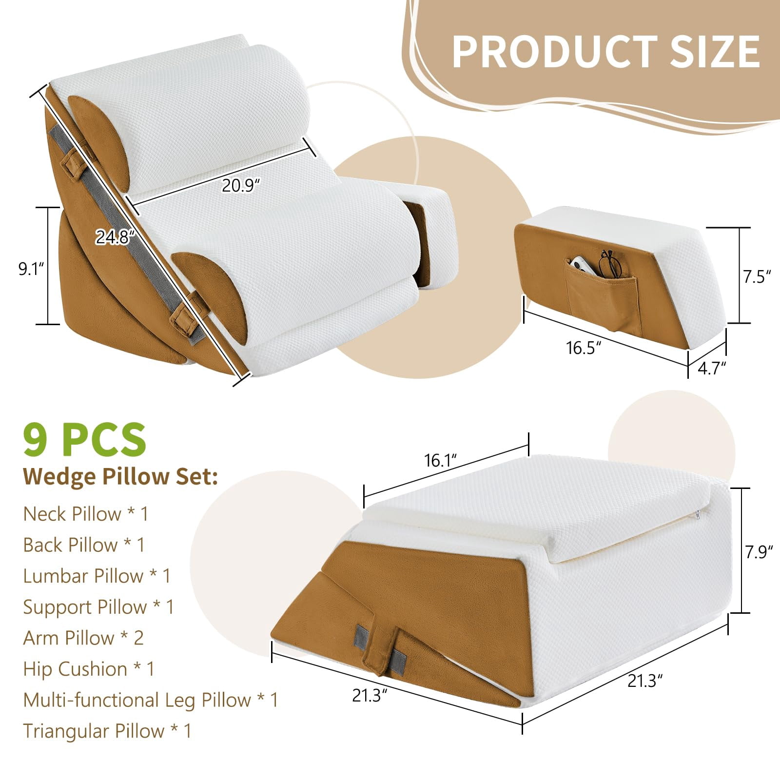 9pcs Bed Wedge Pillow Set For Sleeping  And Leg Foam Body Triangle Adjustable Support - Acid Reflux Pillows Brown
