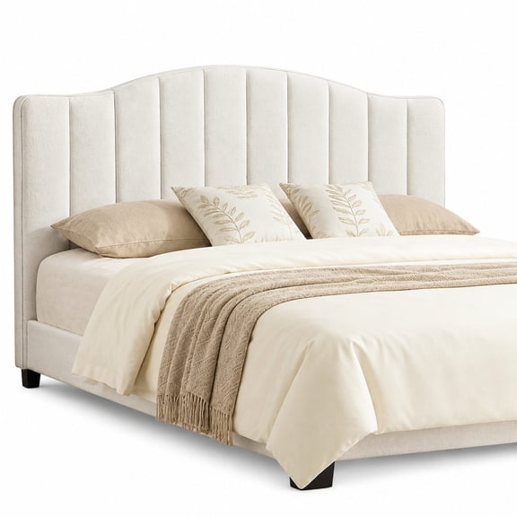 One-Piece Upholstered King Size Headboard Only, Adjustable Height & Width, Modern Vertical Channel Lush Velvet Design, Fits California King Beds, White