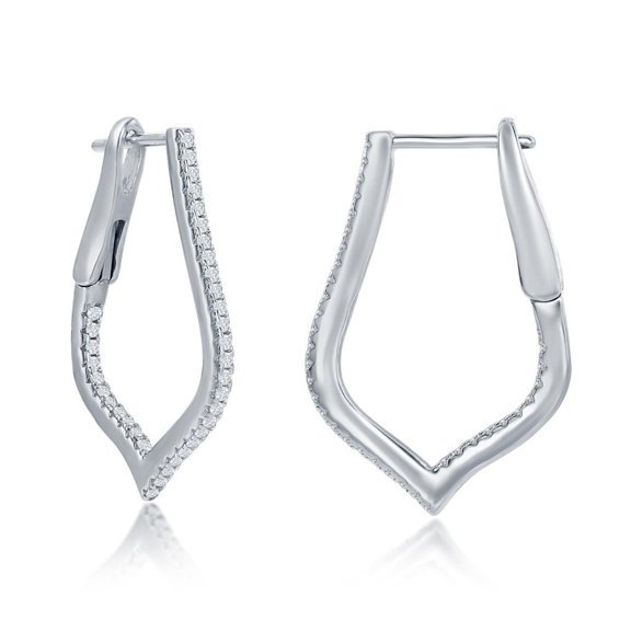 Slim Simulated Diamond CZ Inside-Outside Hoop 25mm/30mm/35mm Marquise/Triangle/Diamond/Oval/Pear-Shaped French-Clip Earrings Sterling Silver Jewelry for Women or Teens