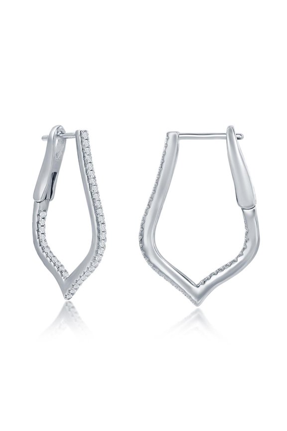 Slim Simulated Diamond CZ Inside-Outside Hoop 25mm/30mm/35mm Marquise/Triangle/Diamond/Oval/Pear-Shaped French-Clip Earrings Sterling Silver Jewelry for Women or Teens