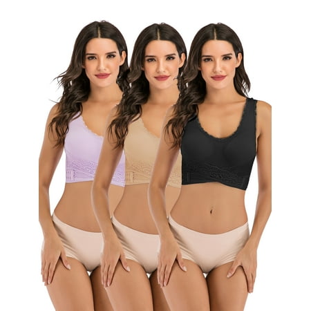 

FANNYC 1 Or 3 Pack Women Seamless Lace Sports Bras Cross Front Side Buckle Lounge Bra Yoga Workout Running Activewear With Removable Chest Pad Black/Purple/Apricot