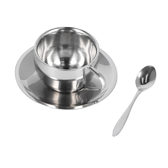 JUEGO DE TAZAS DE CAFÉ DE DOBLE PARED DE ACERO INOXIDABLE, TAZA DE TÉ DURADERA CON CUCHARA Y PLATILLO PARA EL HOGAR, OFICINA Y HOTEL