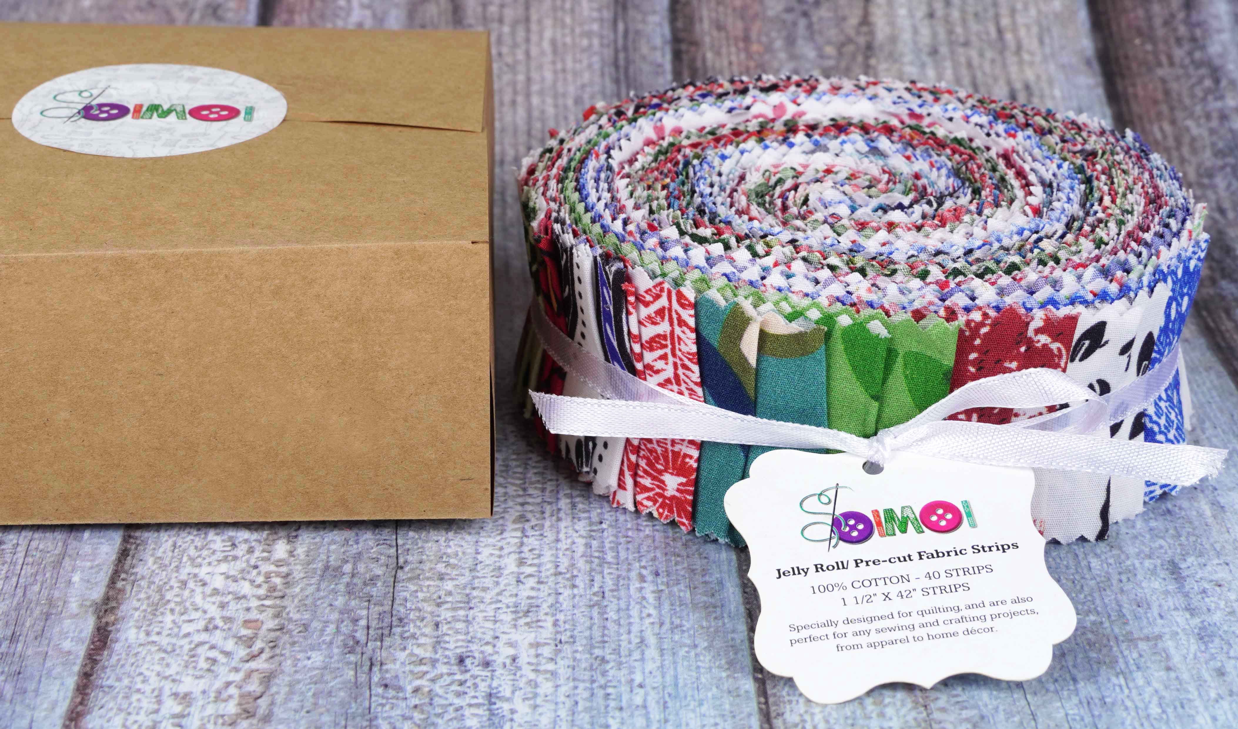 Soimoi 40Pcs Block Print Precut Fabrics Strips Roll Up 1.5x42inches Cotton Jelly Rolls For Quilting - Multicolor
