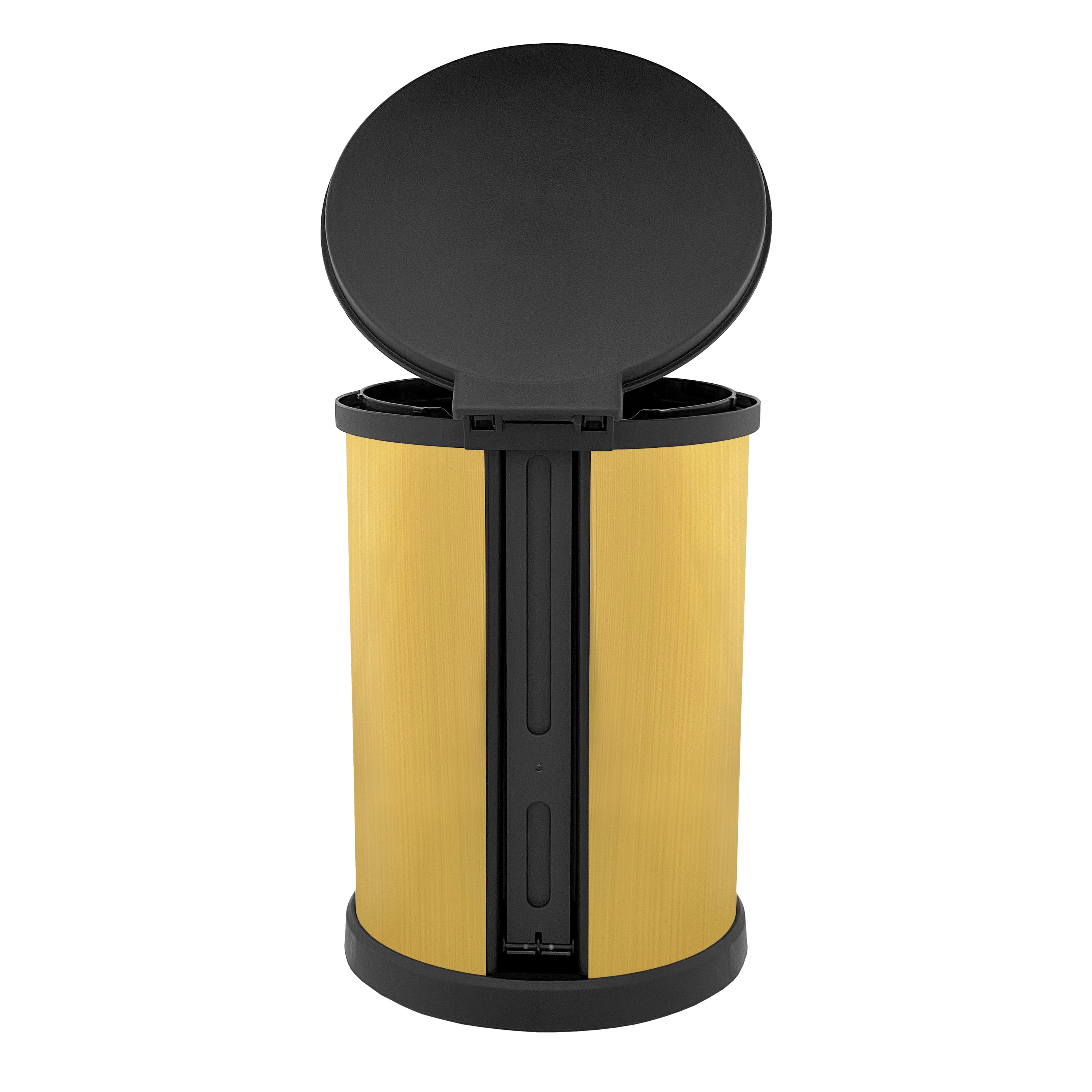 Mainstays 1.5 Gallon Trash Can. Plastic Round Step Bathroom Trash Can, Stainless Gold