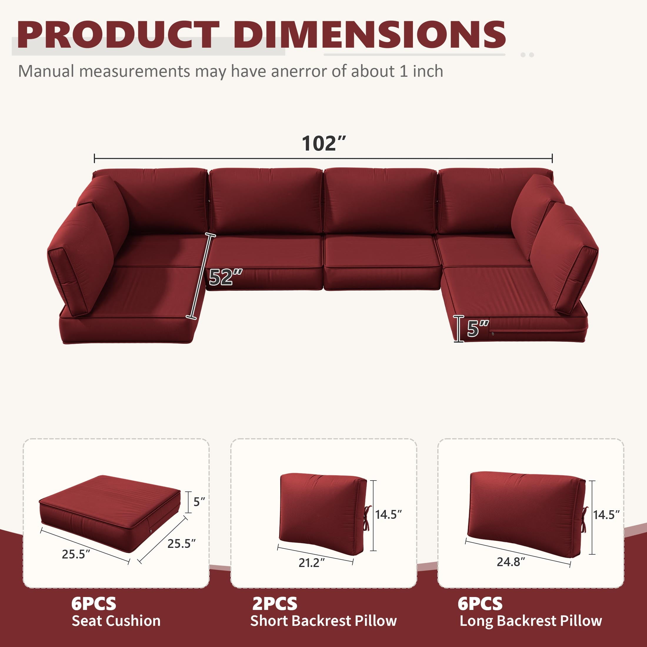 Snubbull 6-Seat Sectional Outdoor Patio Replacement Cushions Set, 25.5" x 25.5", 5" Foam High-Density, 14-Piece Water-Resistant Outdoor Cushion for Patio Conversation Sets, Liner&Cover, Burgundy