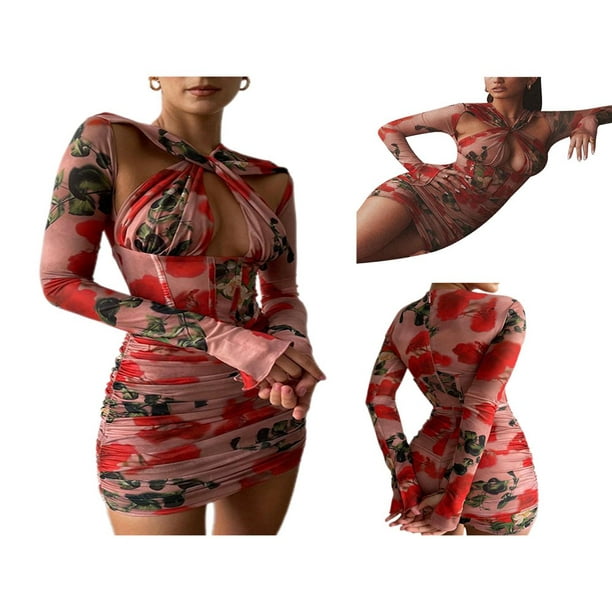 OUSITAID Vintage Floral Print Corset A Line Mini Dress Long Sleeve Stain  Bodycon Dress Aesthetic 90s Dresses Party Streetwear 