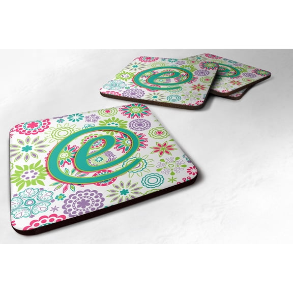 Letter E Flowers Pink Teal Green Initial Foam Coaster Set of 4