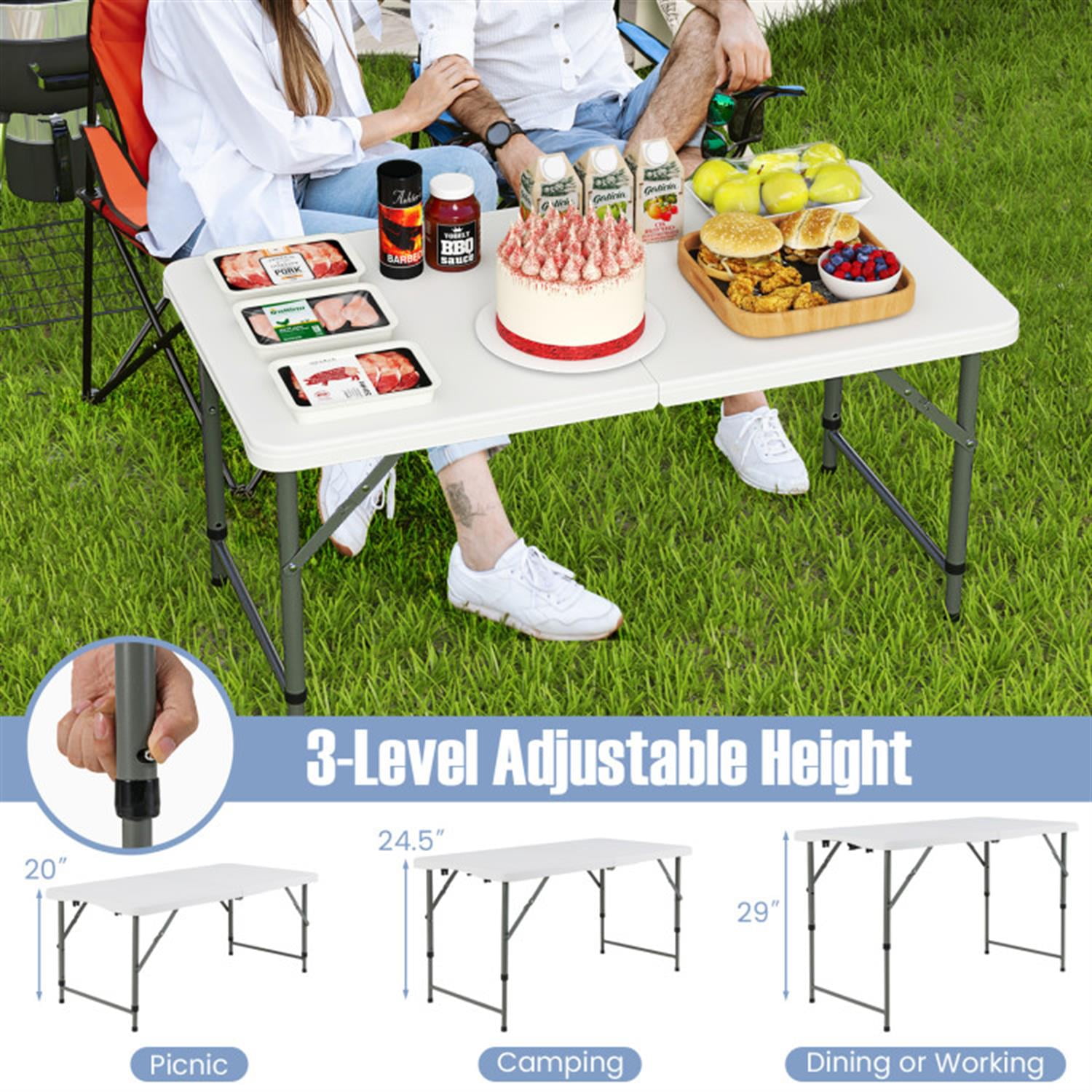 Demi Bonn 4 Feet Portable Camping Table with HDPE Tabletop and Metal Legs fordoor Outdoor, Fold-in-Half Plastic Dining Picnic Party Table, White