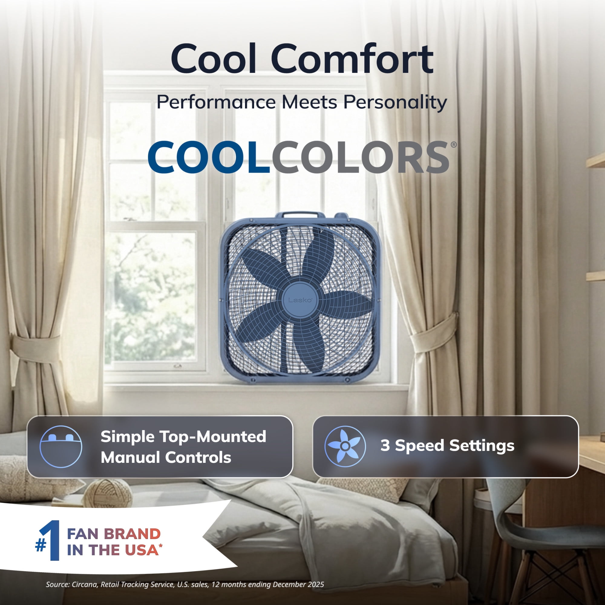 Lasko 20" Cool Colors Classic Box Fan with Weather-Resistant Motor, Portable Cooling Floor or Window Fan, 3 Speeds, Laguna Blue, B20312