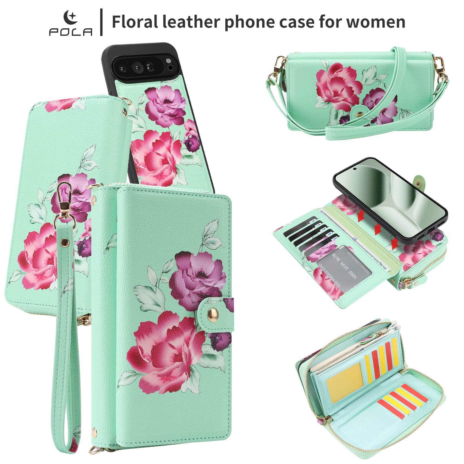 TECH CIRCLE 2-in-1 Wallet Case for Google Pixel 10 / 10 Pro (6.3", 2025), Detachable Magnetic Back Cover, Flip Flower Phone Case with 15 Card Slots, Zipper Pocket, Crossbody Strap, Wrist Strap, Green