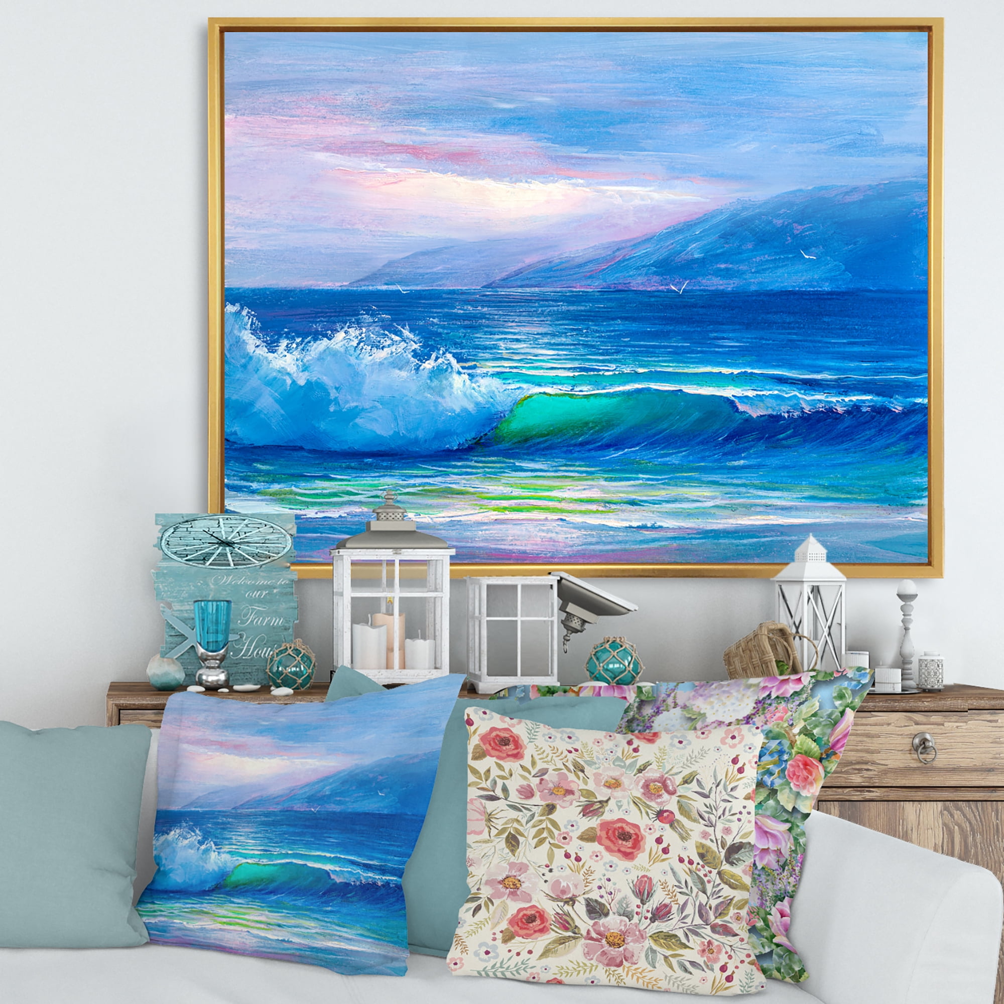 Designart 'Blue Waves Breaking At The Beach Landscape II' Nautical & Coastal Framed Canvas Wall Art Print