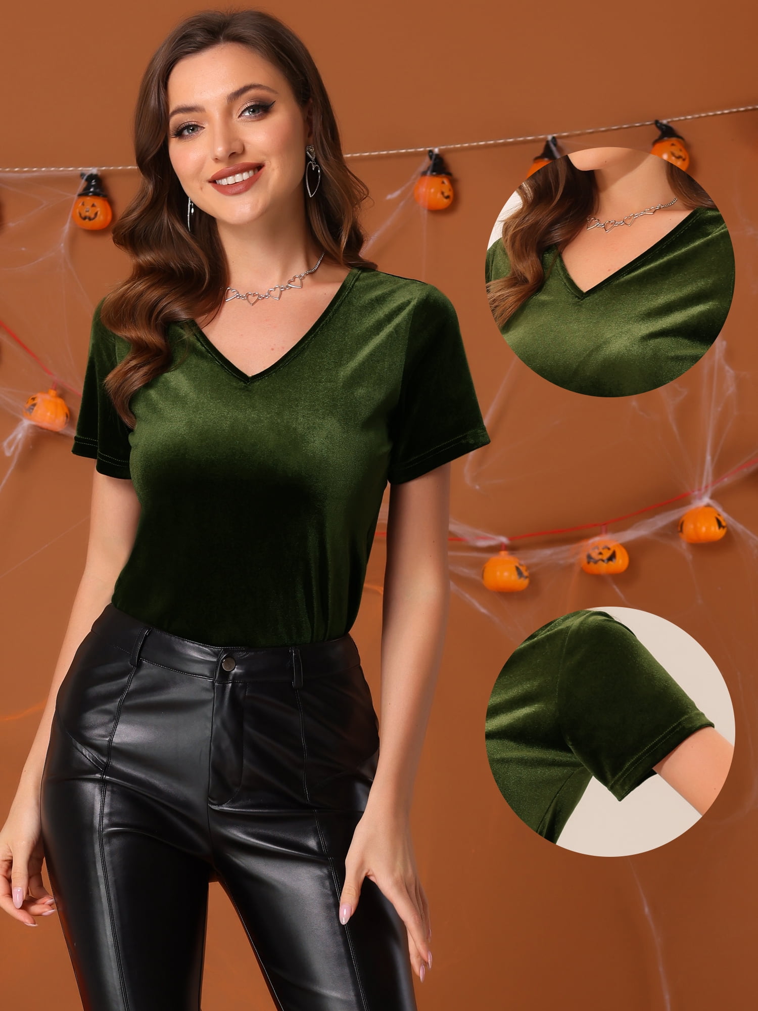 DARING DIVA Women's Velvet Top Short Sleeve Casual T-Shirt S Olive Green