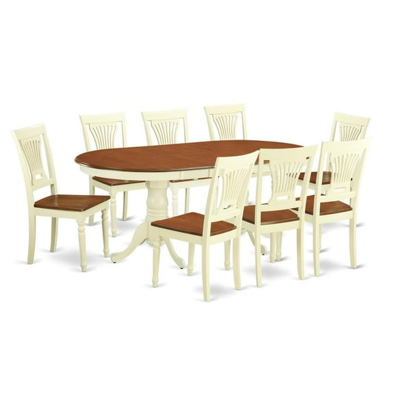 East West Furniture Plainville 9-piece Dining Set with Wood Seat in Cherry