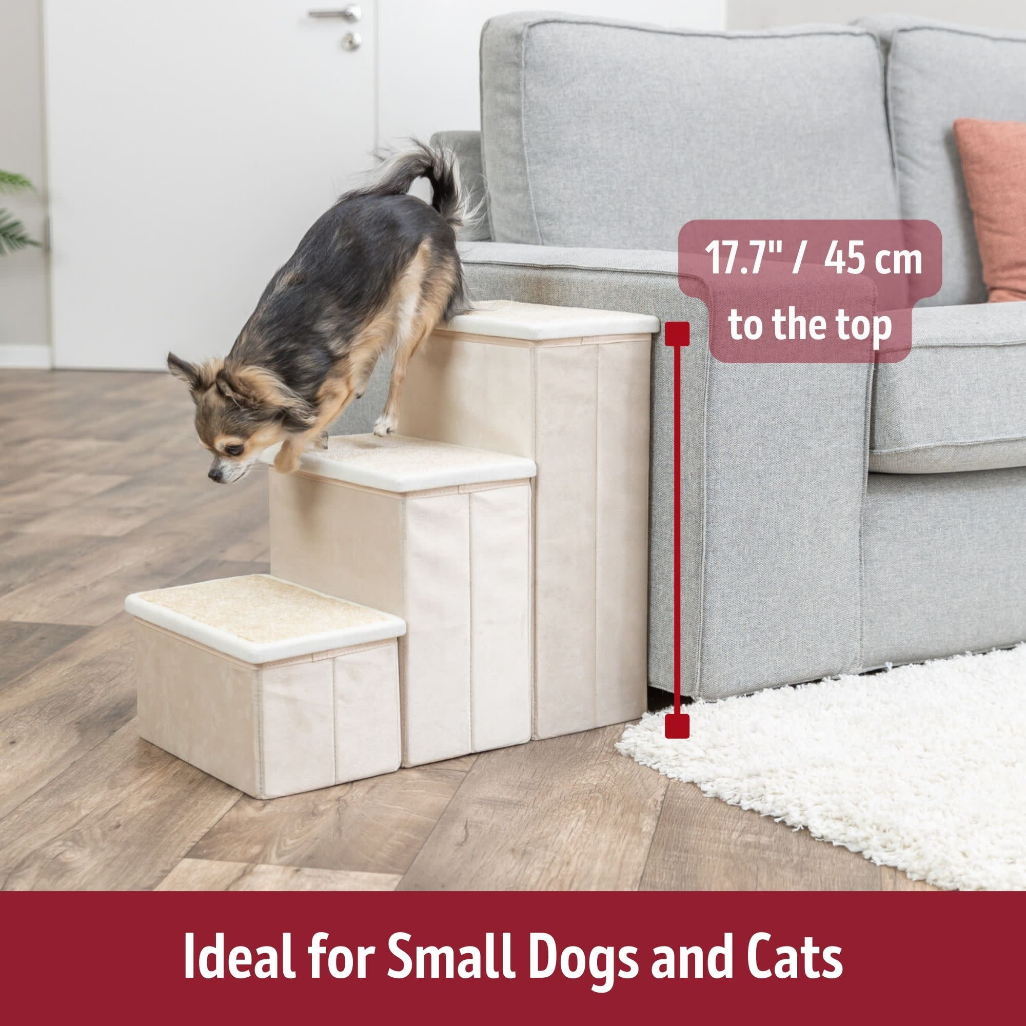 TRIXIE 3-Step Foldable Velour Pet Stairs with Storage, Beige
