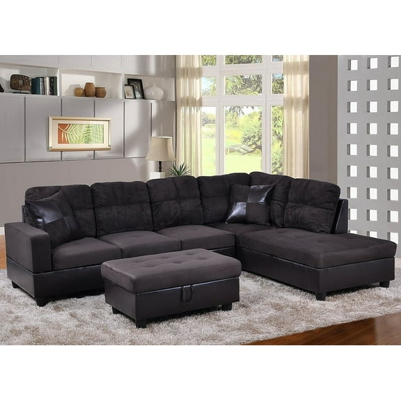 PonLiving 103.5" Wide Corner Microfiber Sectional Sofa with Storage Ottoman & Matching Pillows Right Hand Facing, Espresso