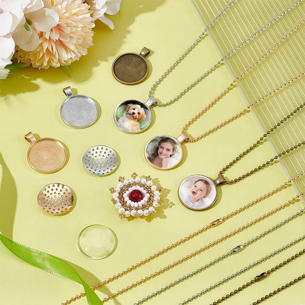100Pcs Round Bezel Pendant Tray Kits 3 Styles Alloy Cabochon Charm Settings with Dome Glass Cabochons Chains and Brooch Sieve Findings DIY Craft Supplies