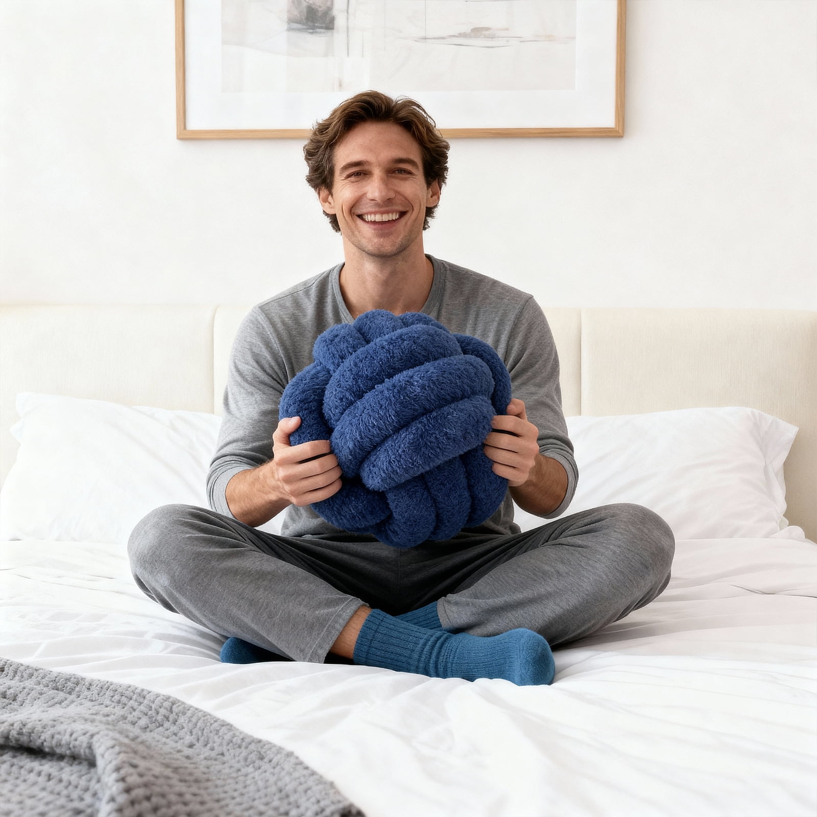 Knot Pillow Ball Plush - Decorative Throw Pillows for Bed Stress Relief, Round Knot Cushion for Sofa Decor Pet Toy, Navy 12 Inch