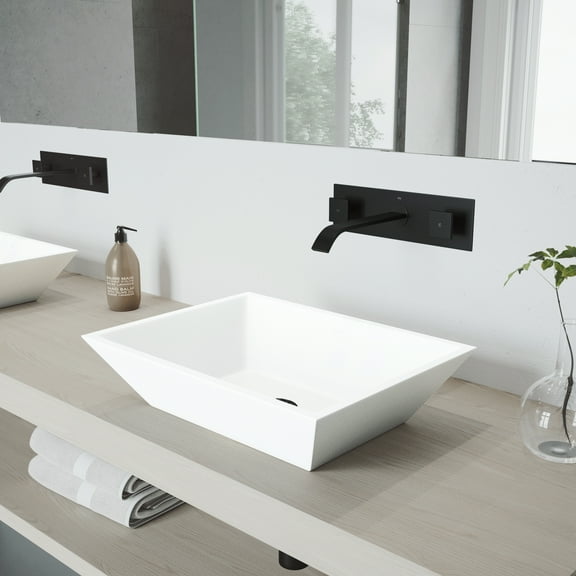 VIGO Matte Stone Vinca Composite Rectangular Vessel Bathroom Sink in White with Titus Faucet and Pop-Up Drain in Matte Black