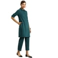 thumbnail image 2 of eloria Women's Fashion Solid Collared Neck Design Kurti WithTrouser, Fabric : Cotton, Color : Teal, Size : X-Small, 2 of 8