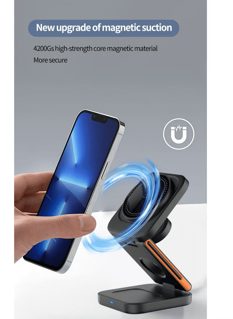 3 In 1 Magnetic Wireless Charger Station, Fast Wireless Charger Stand for Fast Charge, Foldable Suitable For Travel Phone Apple iPhone 15 14 13 12 11 X Pro Max iWatch 8 7 6 5 4 Samsug Galaxy S